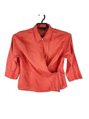 Womens Valerie Stevens Orange 100% Linen Wrap Blouse 3/4 Sleeve Size L